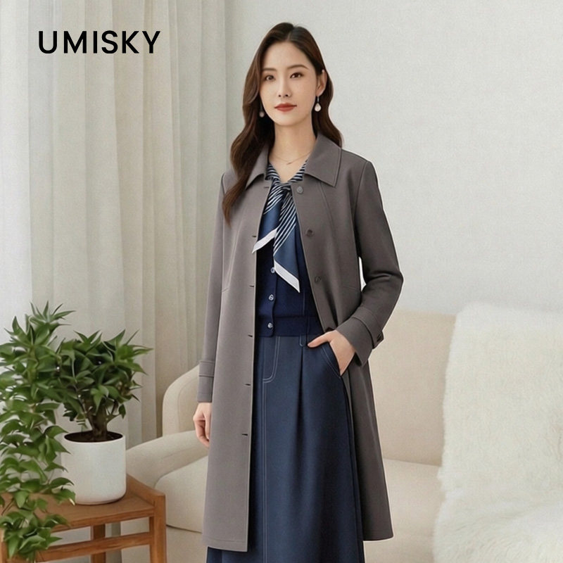 umisky优美世界专柜同款冬季简约中长款风衣外套SK3R2771