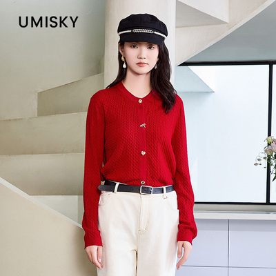 umisky优美世界专柜同款春季圆领长袖开衫毛衫外套SM1S2710