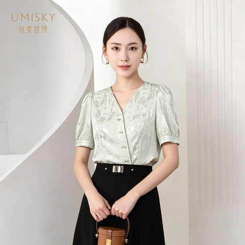 umisky优美世界专柜同款夏季时尚V领短款莱赛尔外套SM2C4004