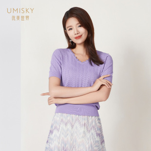 umisky优美世界商场同款 简约镂空针织衫 条纹短款 上衣SK2W3247 夏季