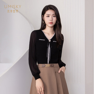 umisky优美世界专柜同款 上衣SK3W3227 秋撞色V领显瘦套头针织毛衫