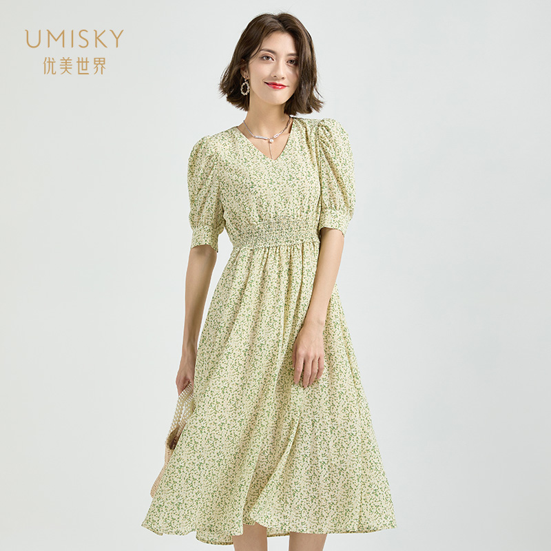 umisky优美世界女装夏季款优雅v领碎花大摆连衣裙vg2d1168