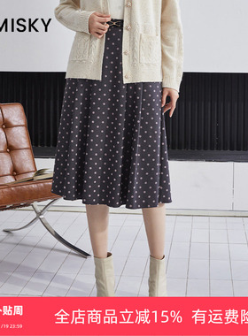 umisky优美世界专柜同款黑色波点显瘦复古中长a字半身裙SK4H2706
