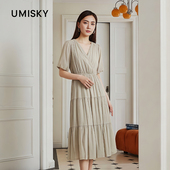 优美世界旗下女装 气质简约V领中长连衣裙LM2D2081