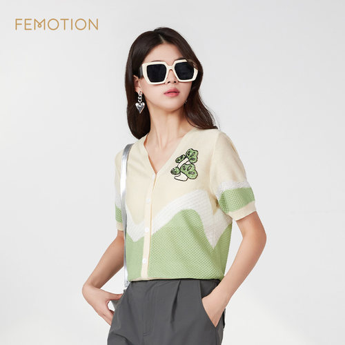 芬岸女装针织套头V领拼色上衣