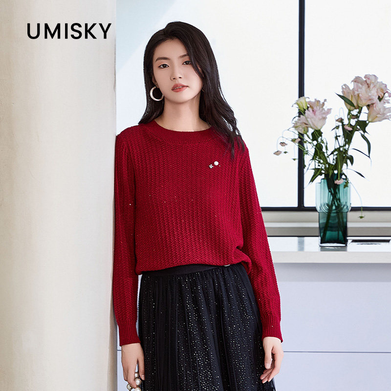 umisky优美世界专柜同款春季肌理感圆领宽松套头毛衫上衣SM1W2709图片