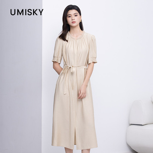 umisky优美世界专柜同款夏季立领系带收腰气质针织连衣裙SM2D2818