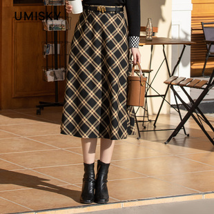 优美世界旗下芬岸女装 复古格子高腰中长a字针织半身裙XK3H2002