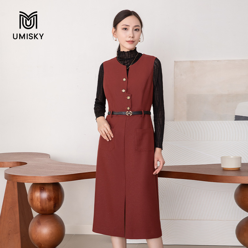 umisky优美世界专柜同款秋季网纱打底衫两件套气质连衣裙SK3D1010