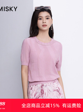 umisky优美世界专柜同款夏圆领套头莱赛尔休闲针织衫上衣SM2W2877