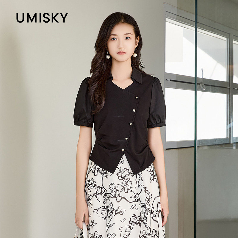 umisky优美世界专柜同款夏季通勤设计感针织衫修身V领T恤SM1J3204图片