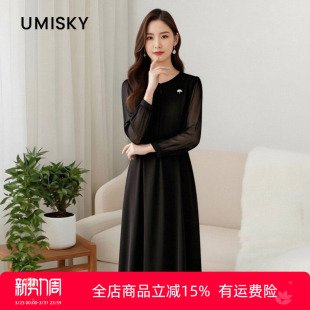 umisky优美世界女装 中长黑色连衣裙SK3D1775 春秋款