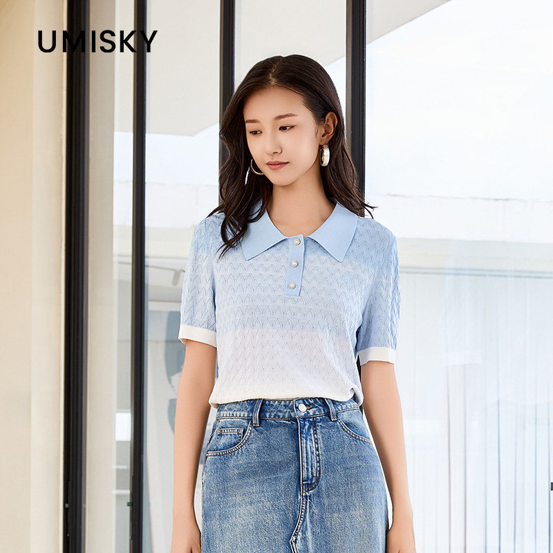 umisky优美世界专柜同款夏通勤百搭撞色POLO领针织衫上衣SM1W3214图片