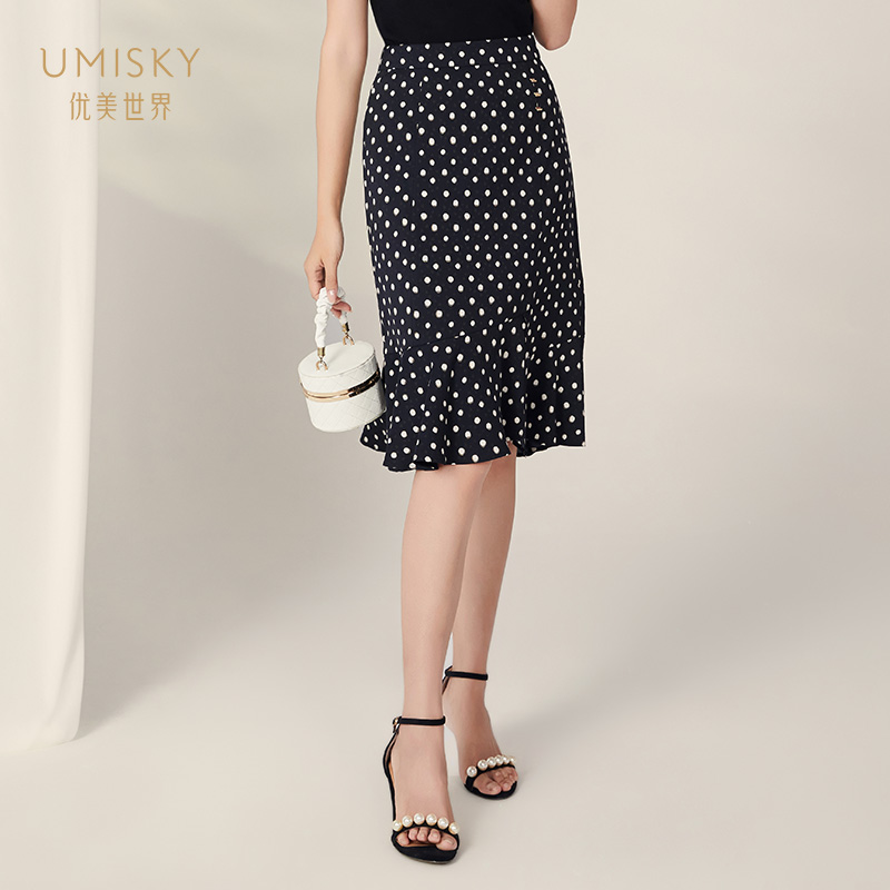 umisky优美世界专柜同款春优雅波点印花高腰包臀鱼尾半裙SK1H2015