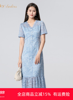umisky优美世界女装时尚V领网纱蕾丝连衣裙FK2D2050