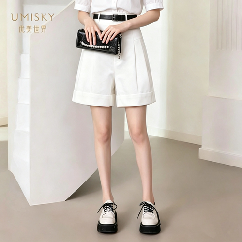 umisky优美世界专柜同款夏季时尚简约百搭高腰阔腿短裤XM2F1001