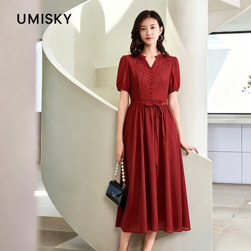 umisky优美世界专柜同款夏季气质V领刺绣莱赛尔连衣裙SM2D1042