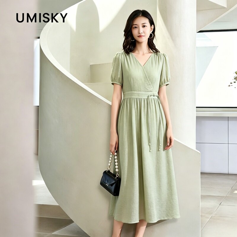 umisky优美世界专柜同款夏时尚V领收腰中长莱赛尔连衣裙SM2D1034图片
