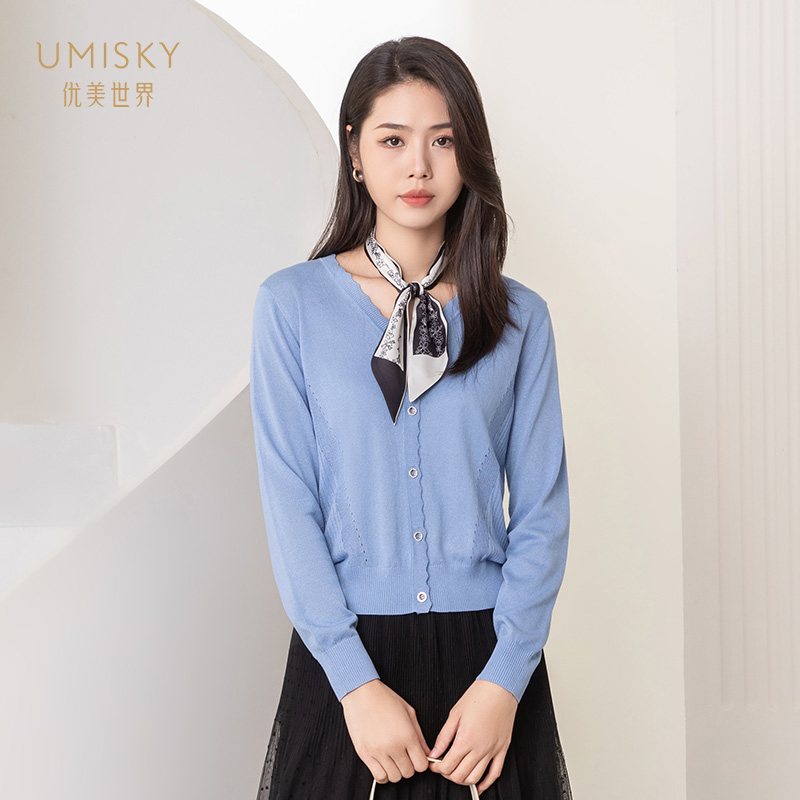 umisky优美世界专柜同款秋柔软舒适V领针织短款毛衫外套SK3S1203