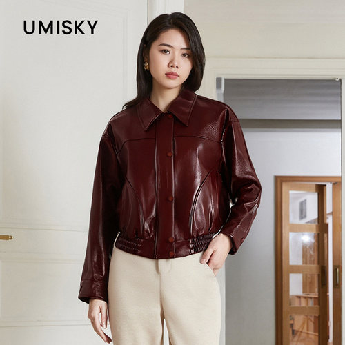 umisky优美世界冬季复古酷飒短款夹克皮衣外套NK4C1919