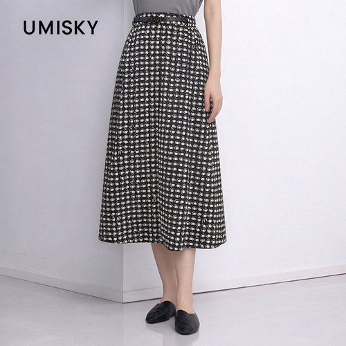 umisky优美世界专柜同款夏季高腰中长a字格子半身裙SM2H2703