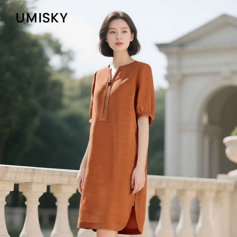 umisky优美世界专柜同款夏季文艺风宽松短袖连衣裙SM2D1060图片