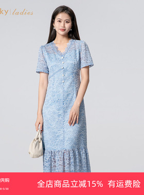 umisky优美世界女装时尚V领网纱蕾丝连衣裙FK2D2050