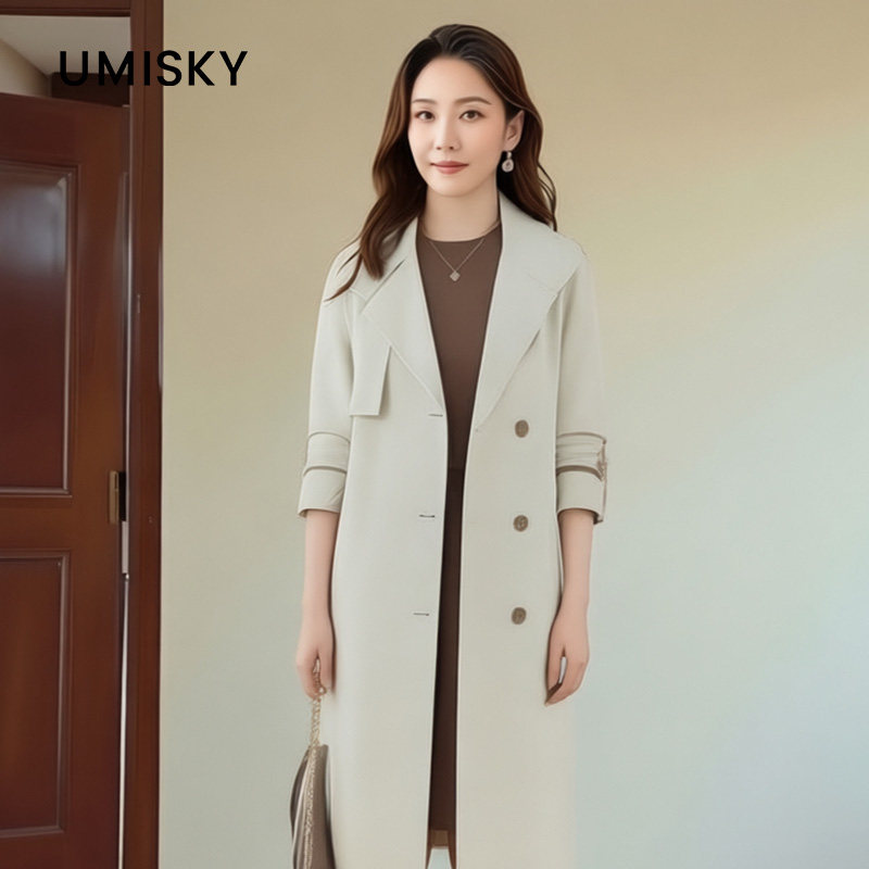 优美世界旗下女装冬季翻领单排扣中长款风衣外套LM4R2002