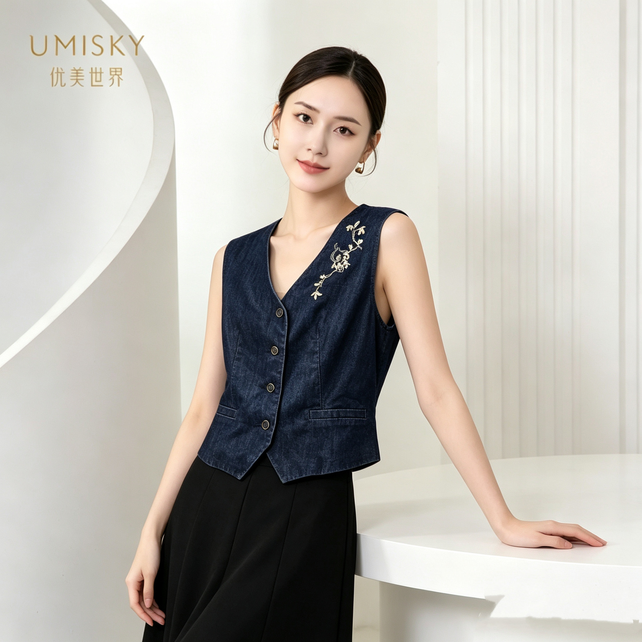 umisky优美世界(金标)专柜同款夏季刺绣女士短款马夹SM2M1001