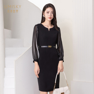 umisky优美世界专柜同款 连衣裙SK3D1019 秋通勤干练拼色小黑裙修身