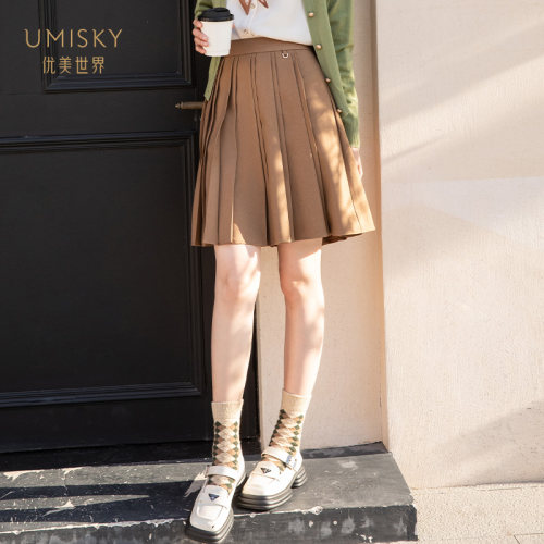 umisky优美世界专柜同款秋季年轻活力学院风时尚百褶短裙SK3H1020