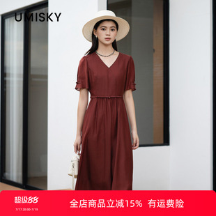 umisky优美世界专柜同款夏季V领泡泡袖收腰莱赛尔连衣裙SM2D2873