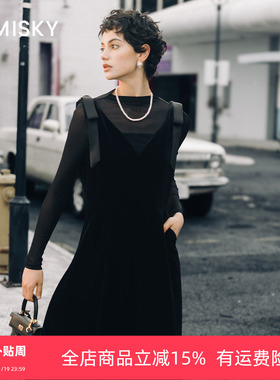 umisky优美世界专柜同款冬季丝绒蝴蝶结肩带两件套连衣裙SK4D1802