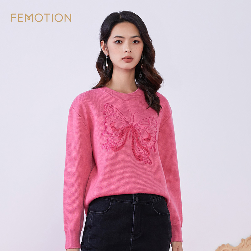 芬岸女装羊毛衫圆领提花上衣