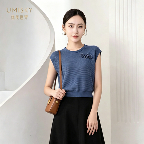 umisky优美世界专柜同款夏季圆领莱赛尔条纹短款上衣SM2W2707