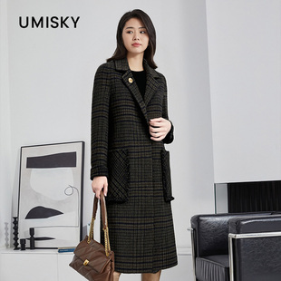 umisky优美世界格纹西装 领复古通勤中长毛呢大衣外套DI4E2015