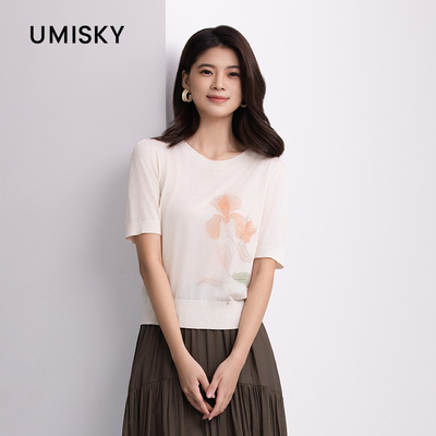 UMISKY优美世界专柜同款夏季花卉印花圆领短袖毛衫上衣SM2W3237