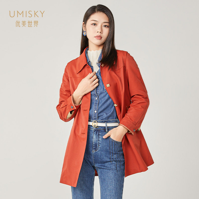 优美世界中长休闲风衣外套