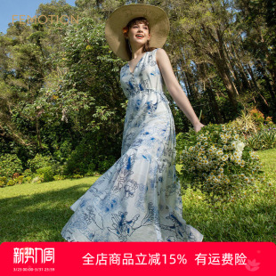 蓝色海洋图案印花收腰连衣裙XK2D1053 夏季 旗下芬岸女装 商场同款