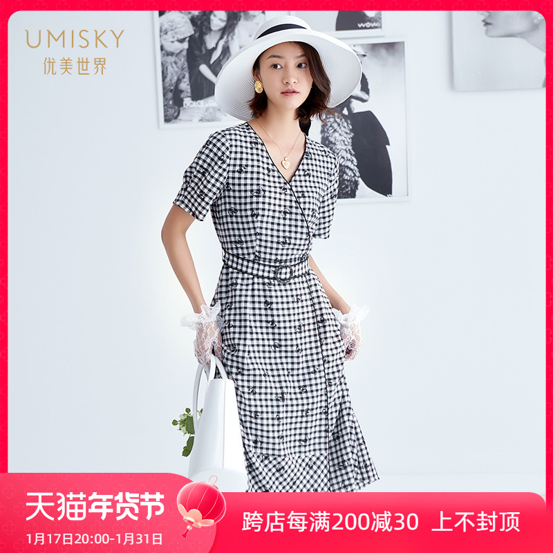 清仓 umisky优美世界高腰V领黑白格子连衣裙SG2D1059