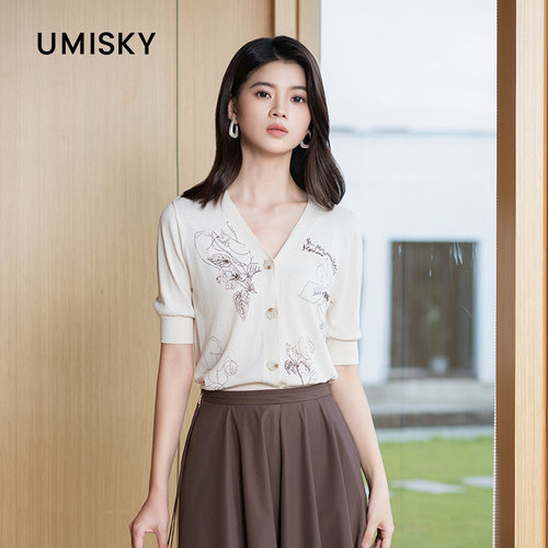 umisky优美世界专柜同款夏季V领刺绣短袖针织开衫外套SM2S2852