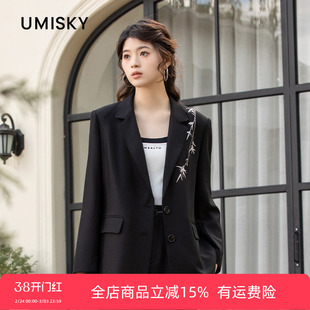 优美世界旗下芬岸女装冬季中式刺绣通勤西装外套XK3C3709