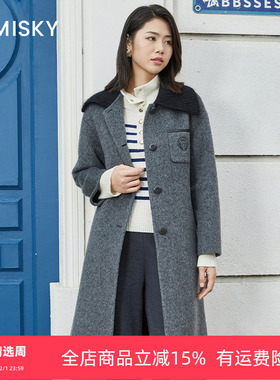 umisky优美世界专柜同款冬季黑毛领大衣复古中长毛呢外套SK4E2205