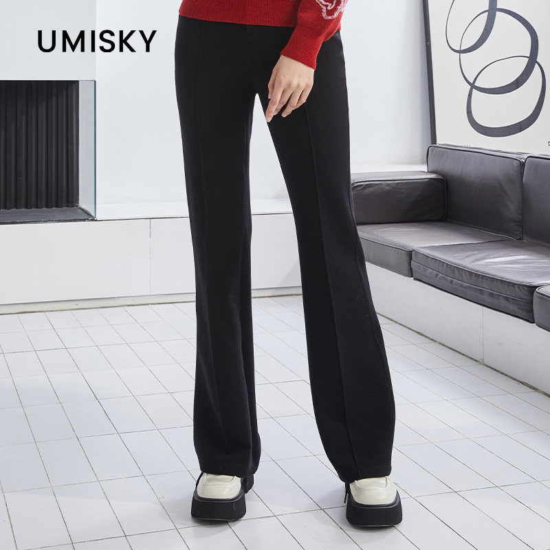 umisky优美世界专柜同款冬季高腰双扣显瘦百搭微喇显瘦通勤休闲裤