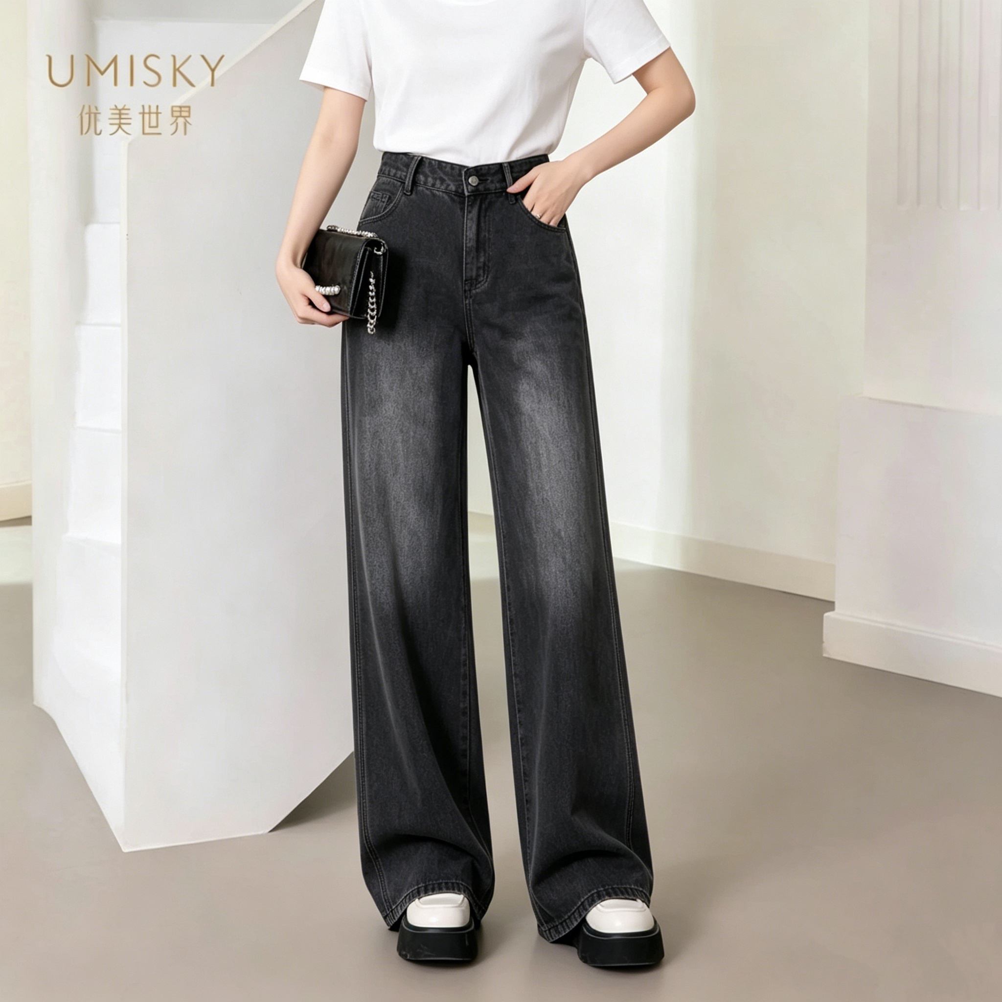 umisky优美世界专柜同款夏季时尚百搭阔腿牛仔裤SM2U1204图片