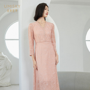 清仓 优雅浪漫V领蕾丝礼服连衣裙SI3L1001 umisky优美世界女装