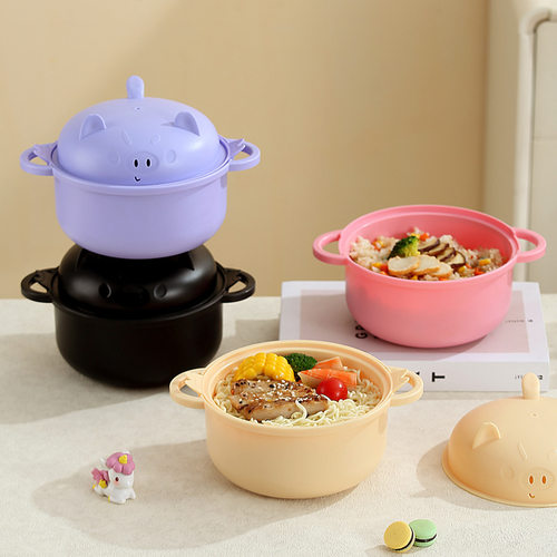 可微波卡通泡面碗学生大号塑料拉面碗可爱儿童餐具套装沥汤六件套
