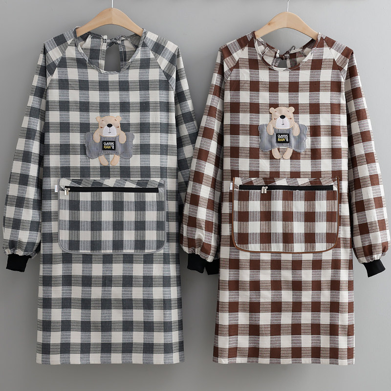 做饭透气围裙马甲韩版时尚女日式家用厨房长袖罩衣涤棉老粗布拉链