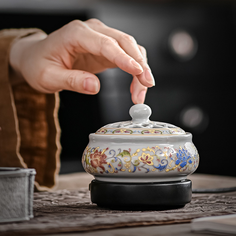 莲花陶瓷电熏电香炉可干烧调温数显电熏炉室内沉香精油电子香薰炉