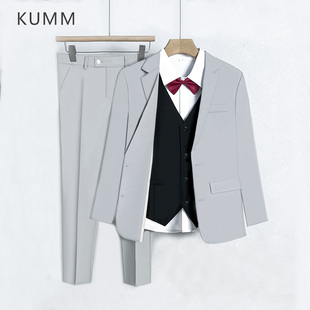 司仪主持人西服四件套装男外套浅灰色结婚小西装马甲衬衫面试西裤